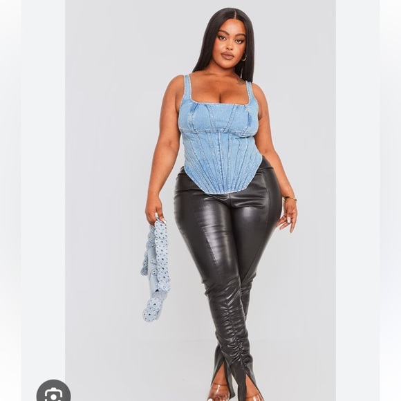 PLT PLUS VINTAGE LIGHT WASH SEAM DETAIL DENIM CORSET SEXY BUSTIER STYLE JEAN TOP - Picture 6 of 13